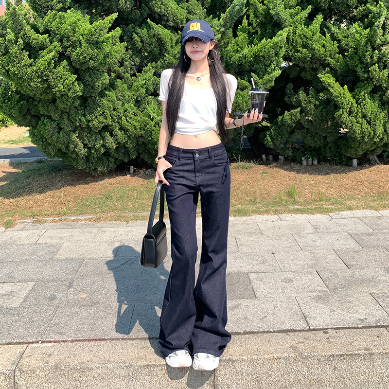 American Hot Girl Elastic Bootcut Jeans for Women 2025 Summer New Style Double-Button Low-Waist Slimming Look Horseshoe Pants