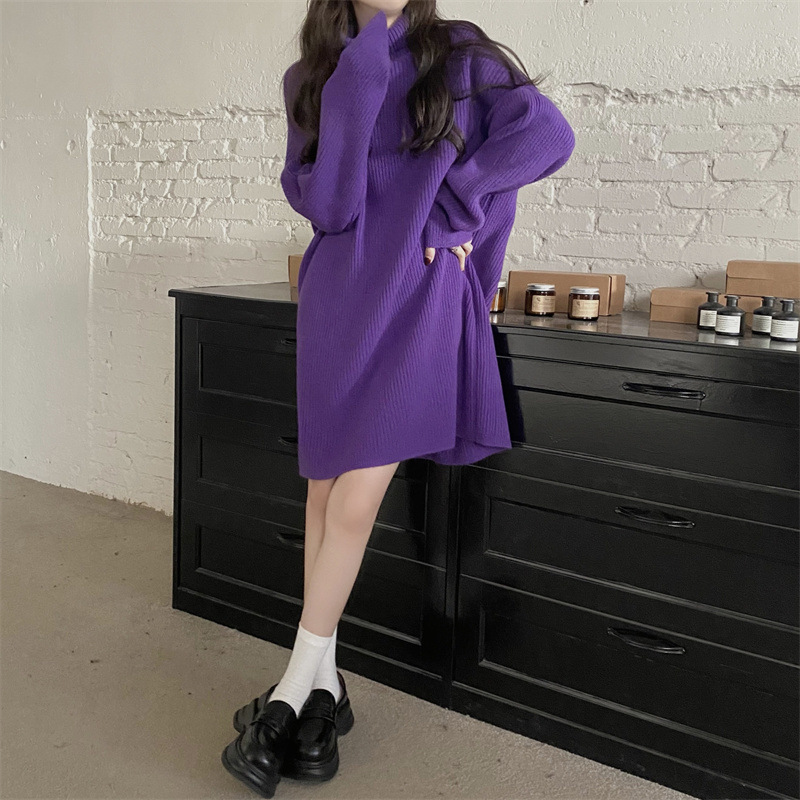 Korean Autumn and Winter Lazy Style Fashionable Commuter High-Neck Knitted Mid-Length Dress for Outer Wear Age-Reducing Versatile Sweater for Women