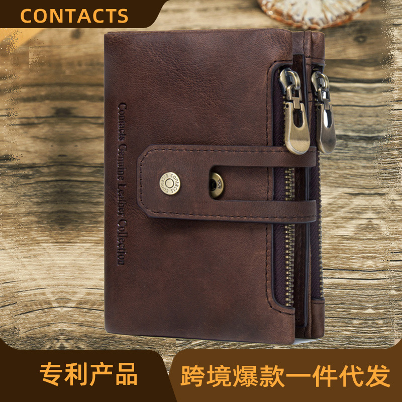 Black Angel First Layer Cowhide Double Zipper Buckle Men's Wallet Fashionable Genuine Leather Wallet Casual Wallet