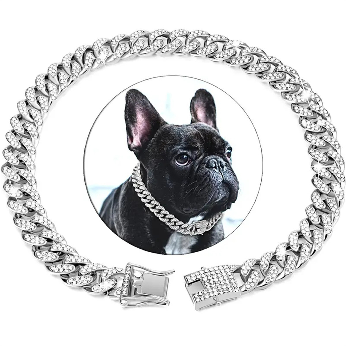 European and American Hip-Hop Pet Dog Collar, Cuban Chain Dog Chain, Full Diamond Necklace, Lock Buckle, Gold and Silver, Factory Direct Sale QC-foto från 1688 på Qualit.ly