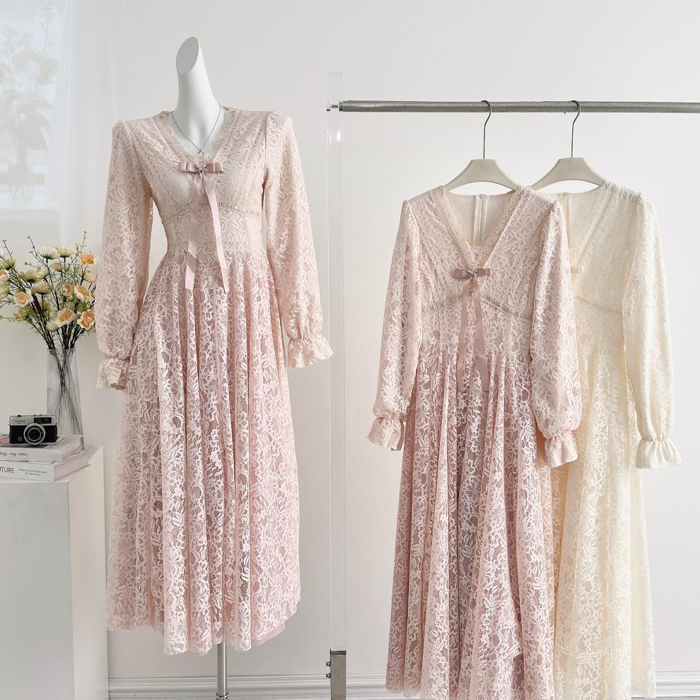 French-Style Elegant V-Neck Lace Dress for Women, New Autumn and Winter Birthday Dress, A-Line Dress for Women