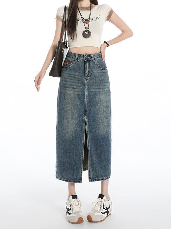 Retro Denim Skirt for Women Summer 2025 New Spring & Fall Mid-Length Cover-Up A-Line Slit Hip Skirt