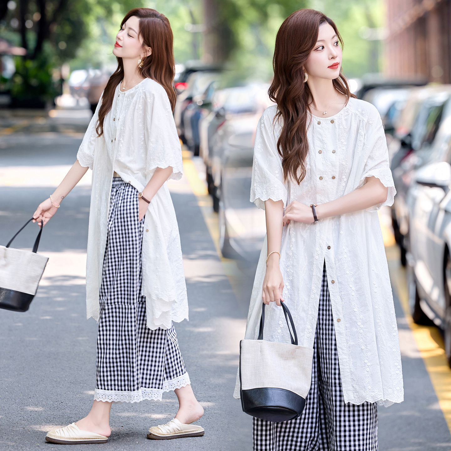 French Retro Suit for Women 2025 Summer New Style Lazy and Relaxed Round Neck Long Shirt Casual Wide Leg Pants Two-Piece Set