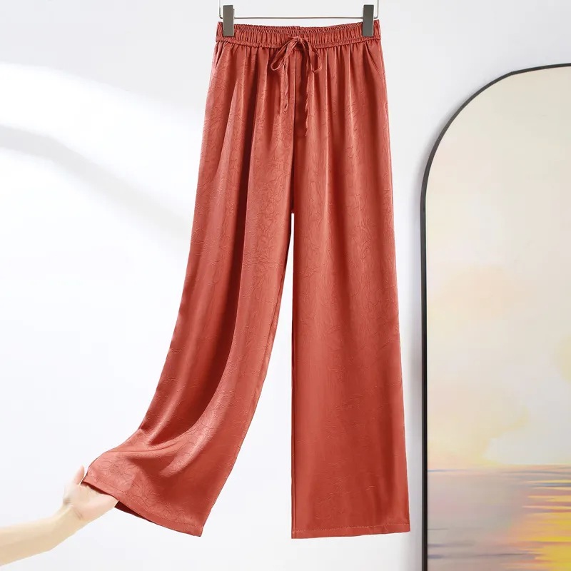 Mulberry Silk Jacquard Double-sided Wrinkled Gold Label Solid Color Satin High Waist Xiangyun Yarn Silk Narrow Edition Straight Leg Pants