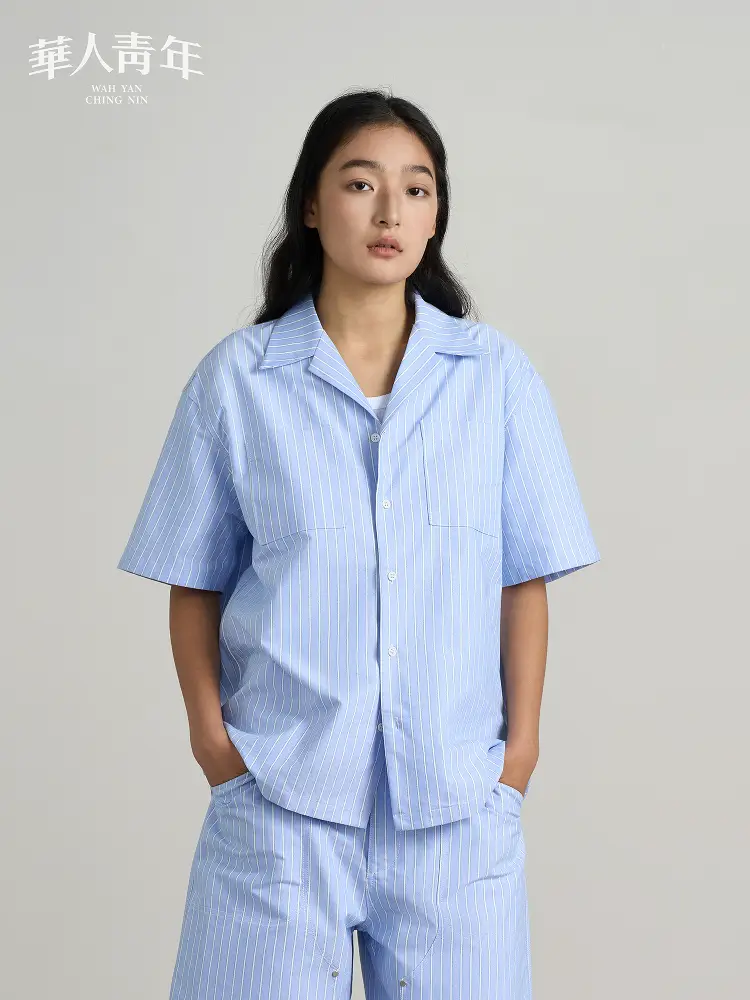 Chinese Youth Cuban Collar Vertical Stripes Short-Sleeved shirt Men and Women Summer Trendy Casual Cardigan Shirt Outwear