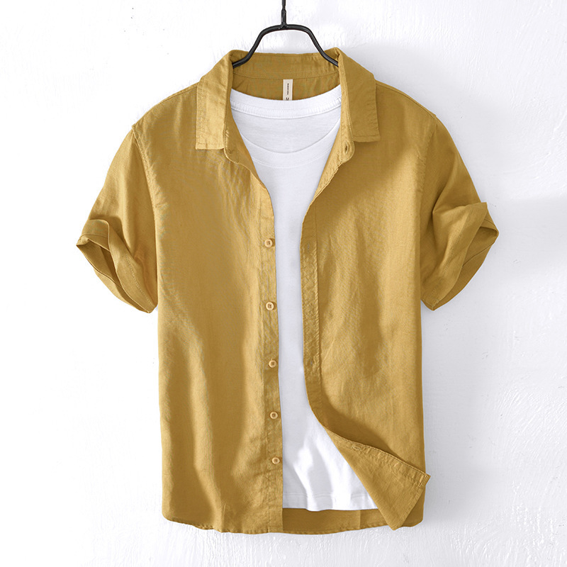 3321 summer solid color inside and outside short shirt men's casual cotton and linen short sleeve shirt men's young and middle-aged a generation of hair