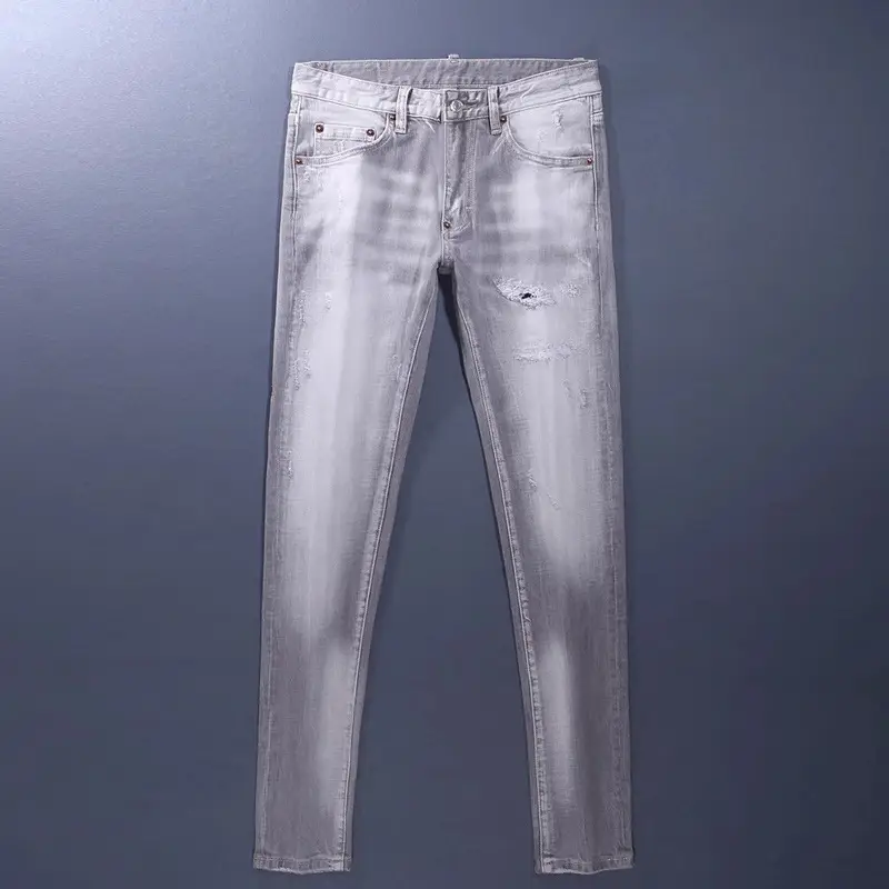 Fashion Street Style Retro Men's Jeans Distressed Gray Washed Ripped Trendy Brand Stretch Slim Fit Skinny Pants Men