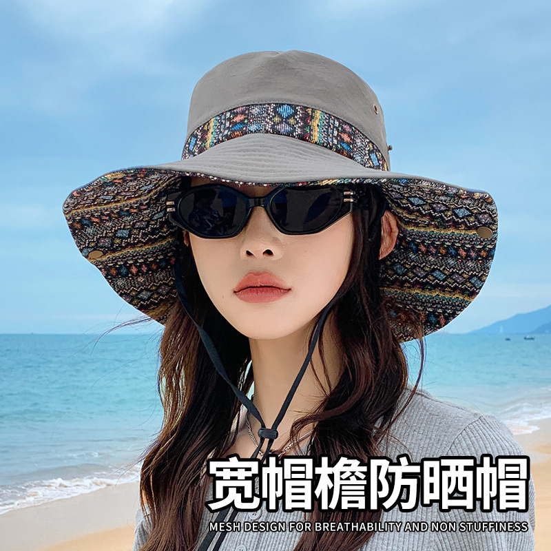 New Summer Ethnic Style Hat for Women, Retro Hiking Hat, Outdoor Large Brim Sun Hat, Sun Protection and Sunshade Fisherman Hat