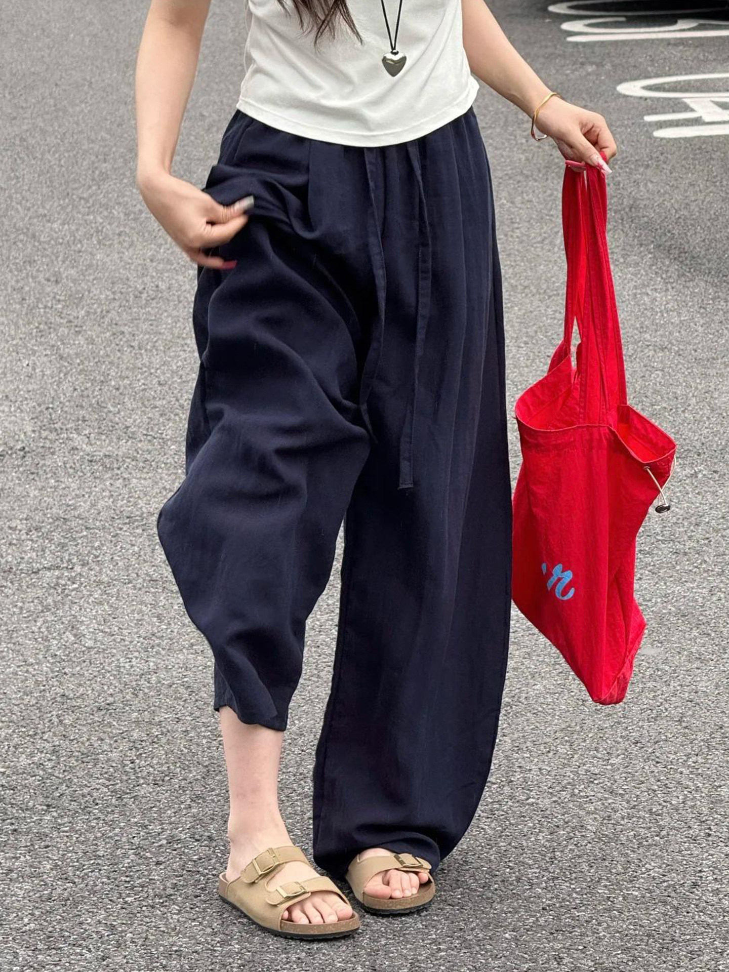 Linen Drape Wide-Leg Pants for Women, Summer Thin Style, Dark Blue Ice Silk Pants, Plus Size, Flattering for Curvy Figures, Cotton-Linen Curved Pants