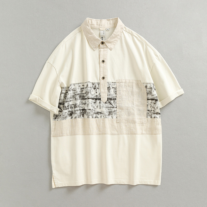Men's Simple Contrast Color Stitching Men's Polo Shirt 2023 Summer Lapel Loose Casual Pocket Short Sleeve T006