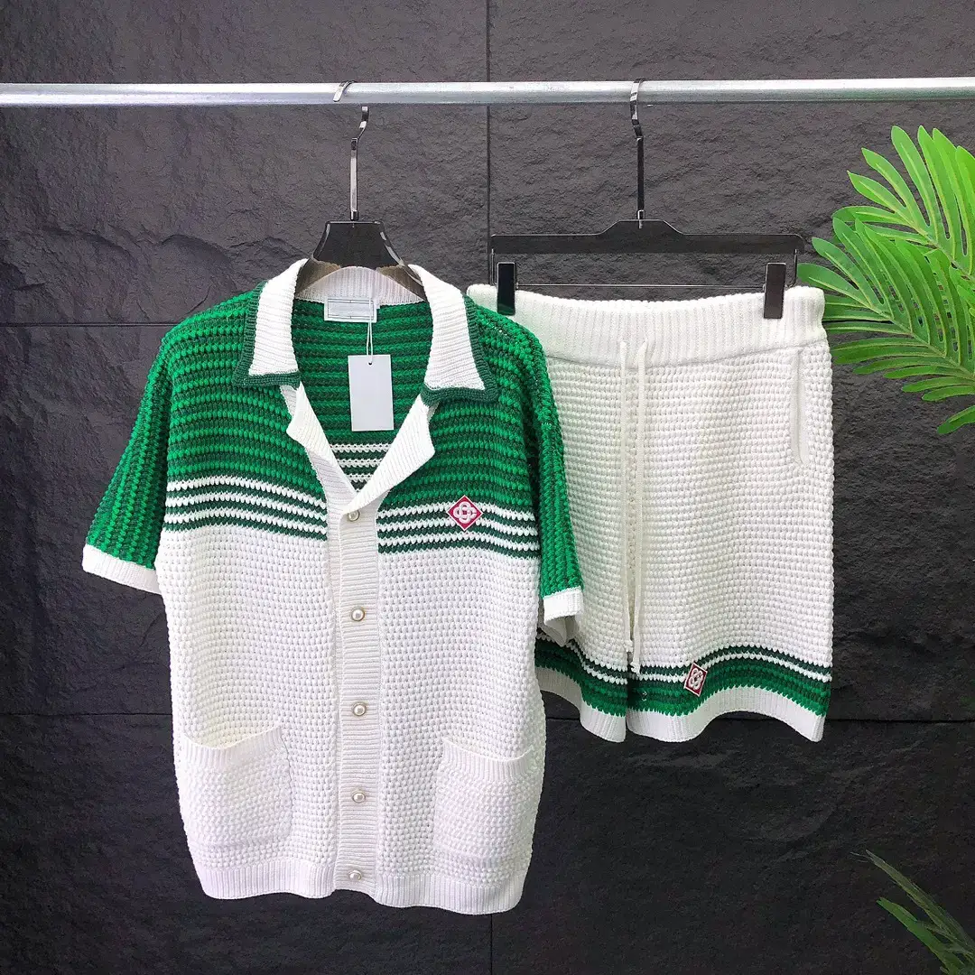 suit European and American trend short sleeve lapel jacquard knitted wool shirt striped men's and women's in stock cross-border European goods