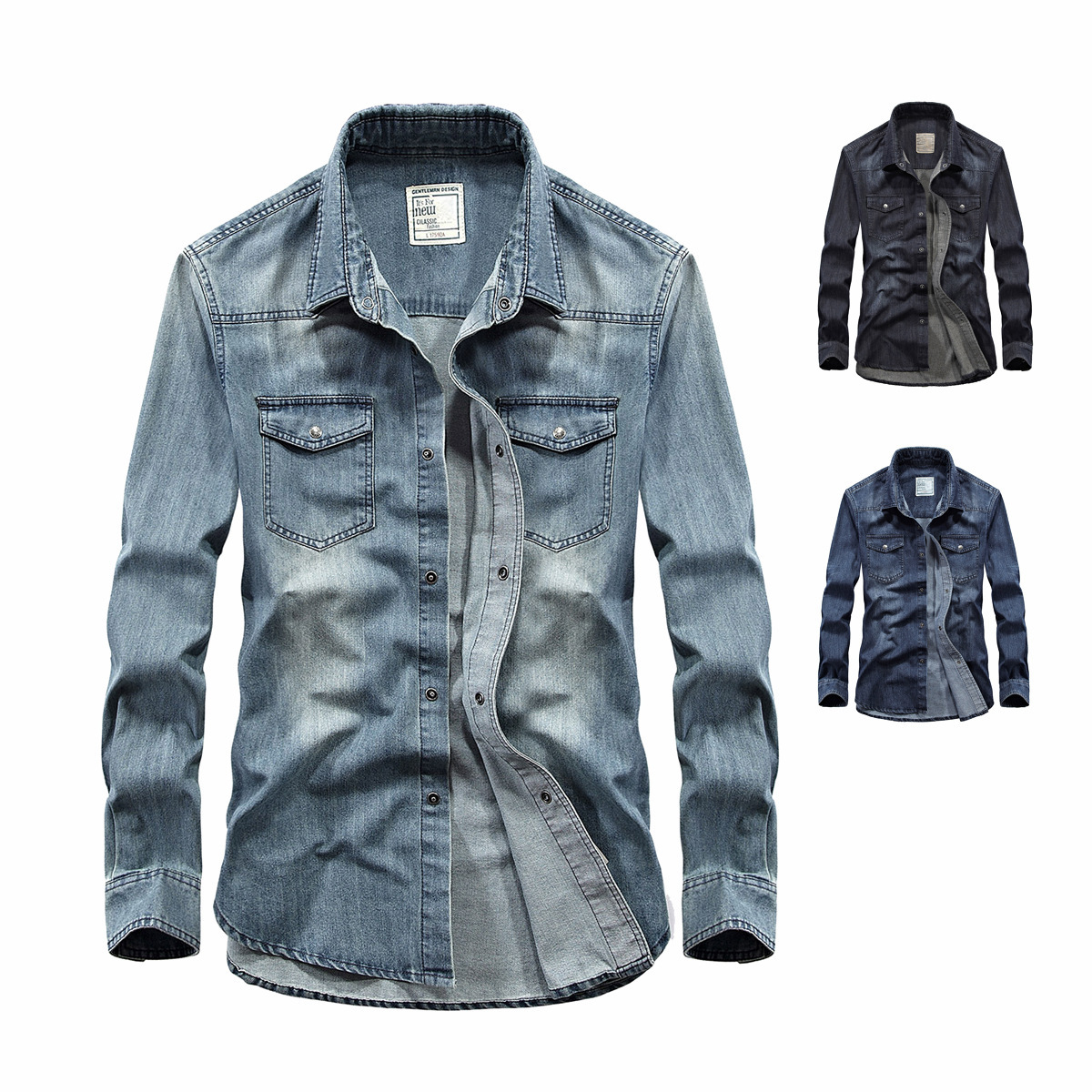 Cross-Border factory spot direct supply denim men's long sleeve shirt large lapel denim shirt 6522 Amazon