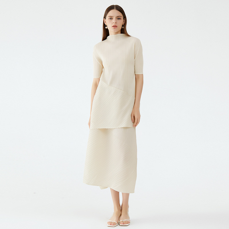 2026 Spring New Korean Style Solid Color Pleated Women's Mid-Length Top and Irregular Skirt Two-Piece Set