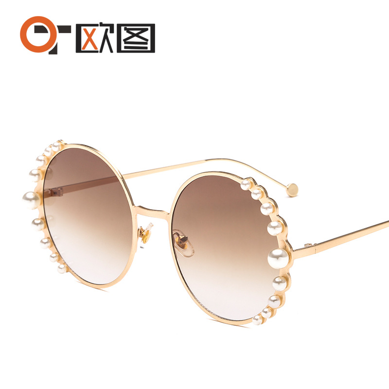 New Women's Metal Sunglasses 2424 Round Frame Pearl Embellishment European and American Fashion Sunglasses
