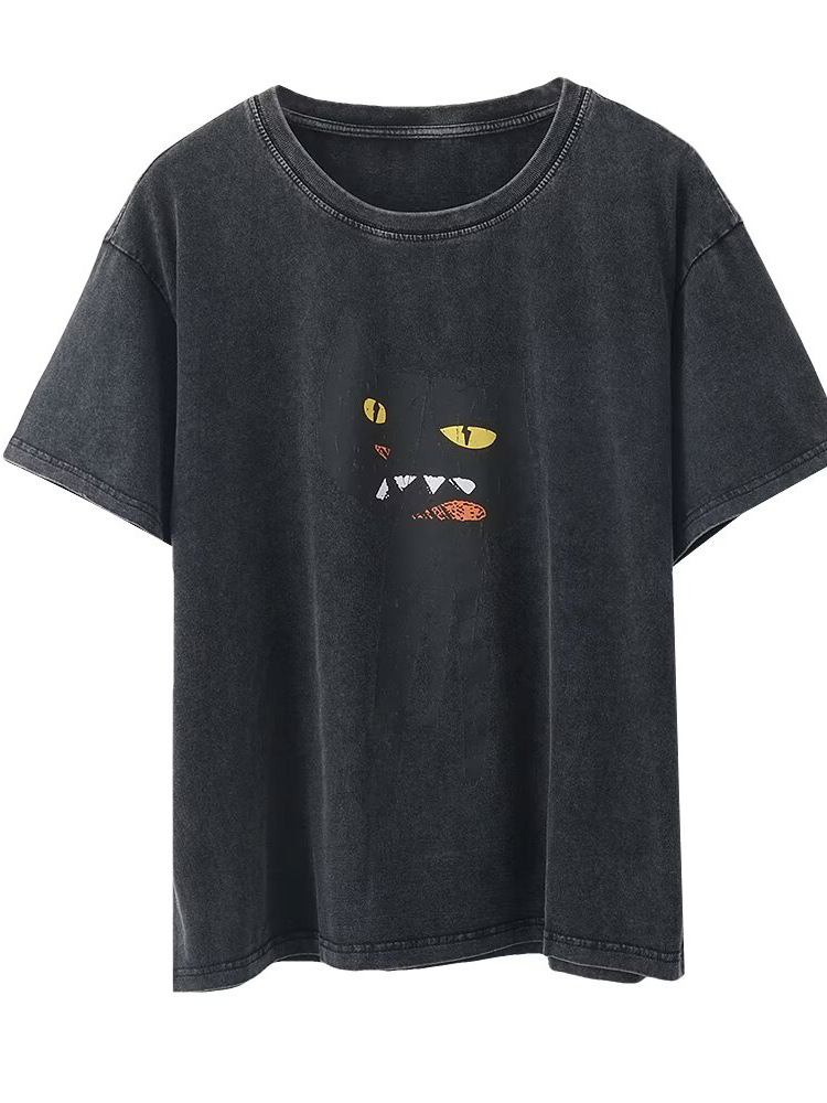 2025 New Summer Women's Fashion Cute Pet Fool Black Cat Print Cute Creative Fun New Short-Sleeved T-Shirt