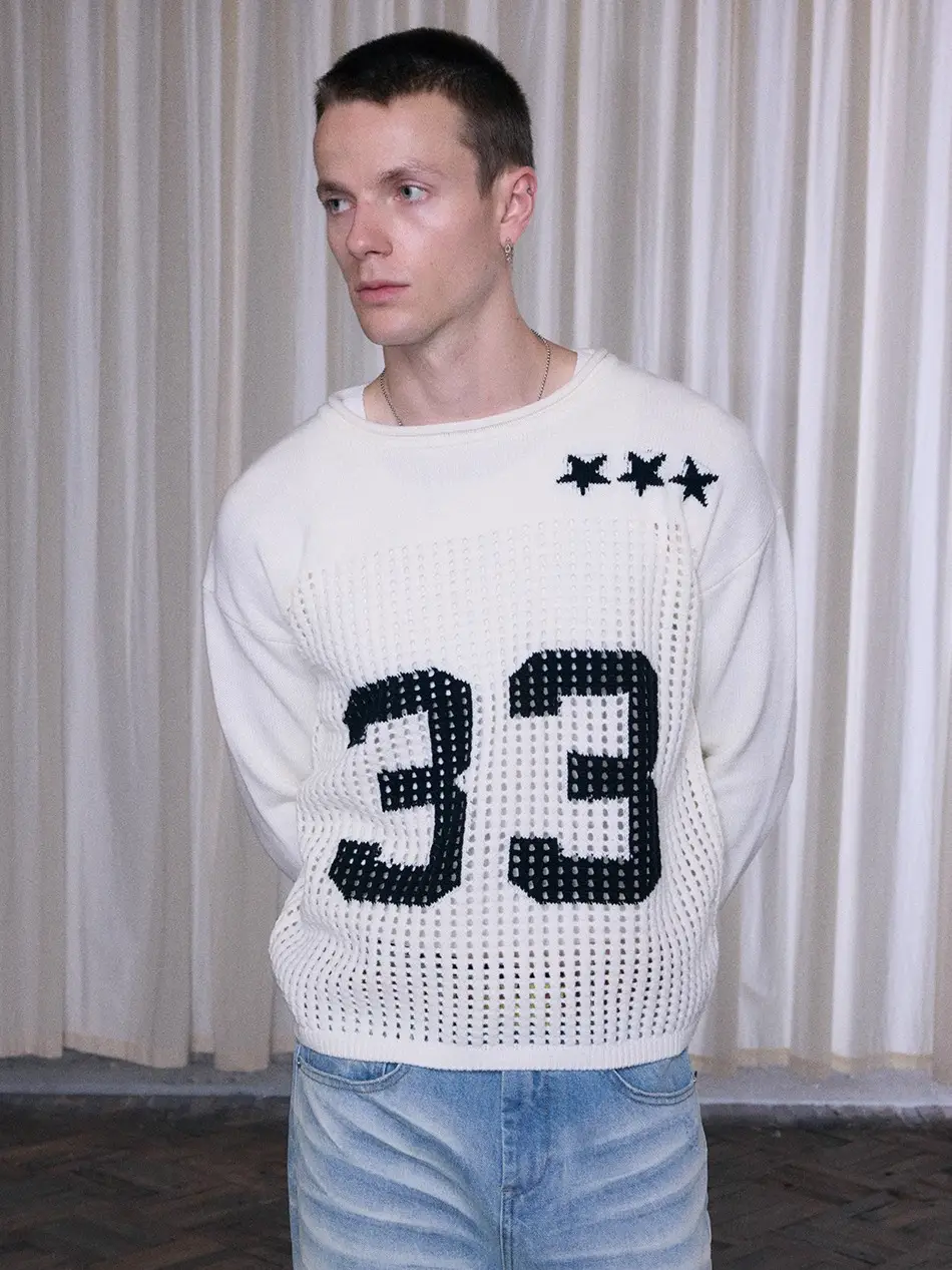 Insgale 25Aw Black and White Soft Hollow-Out Number Jersey Wool Pullover Sweater