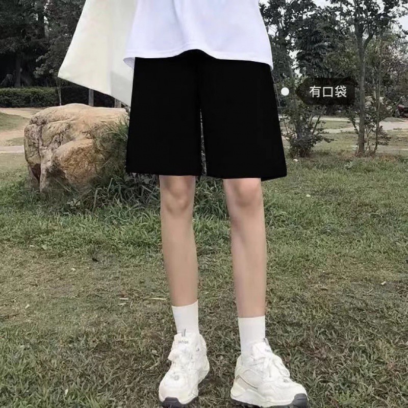 Black Five-point Casual Sports Shorts for Female Students Korean-style Loose Slimming All-match Outer Wear High Waist Wide-leg Pants for Summer