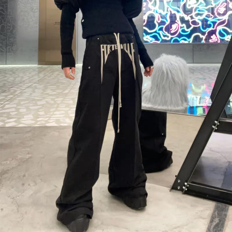 American-Style Ro Goth Embroidered Slogan Logo Wide-Leg Cargo Pants for Men, Trendy Dark Loose Flared Floor-Length Pants