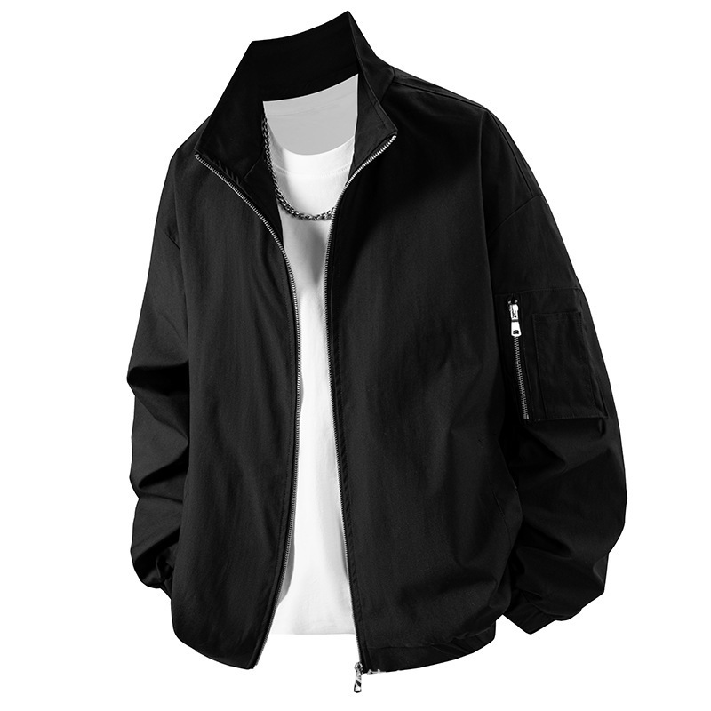 Popular Solid Color Baseball Collar Bomber Jacket for Young Men, Spring and Autumn Casual Fashion Versatile Baseball Jacket for Men