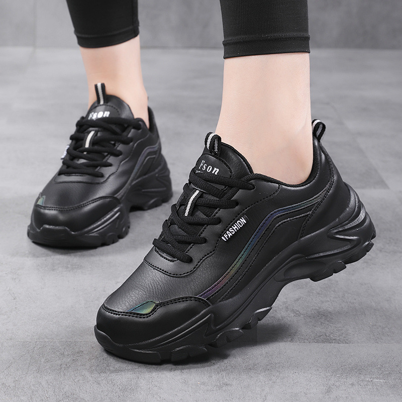 Autumn Brand Women's Shoes Leather Waterproof Casual Shoes Women's Black Lightweight Thick-Soled Dad Shoes Soft-Soled Non-Slip Travel Shoes