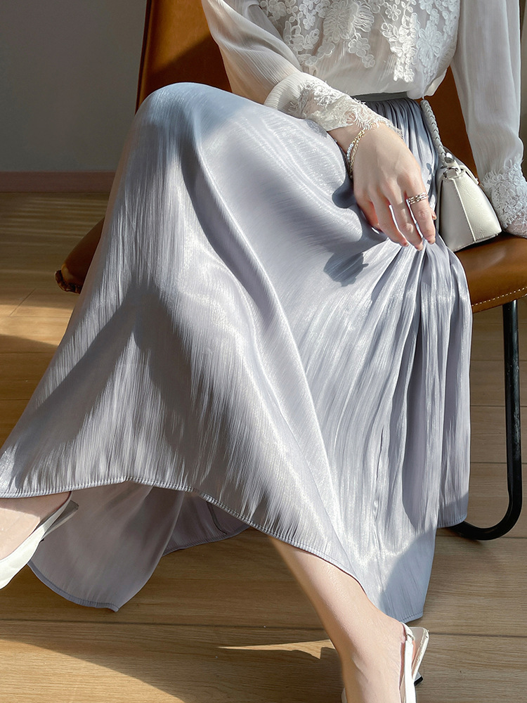 2026 Summer New Style Shiny Gauze Skirt for Women, High-Waisted, Solid Color, Elegant Mid-Length Pleated Skirt, Slimming Umbrella Skirt