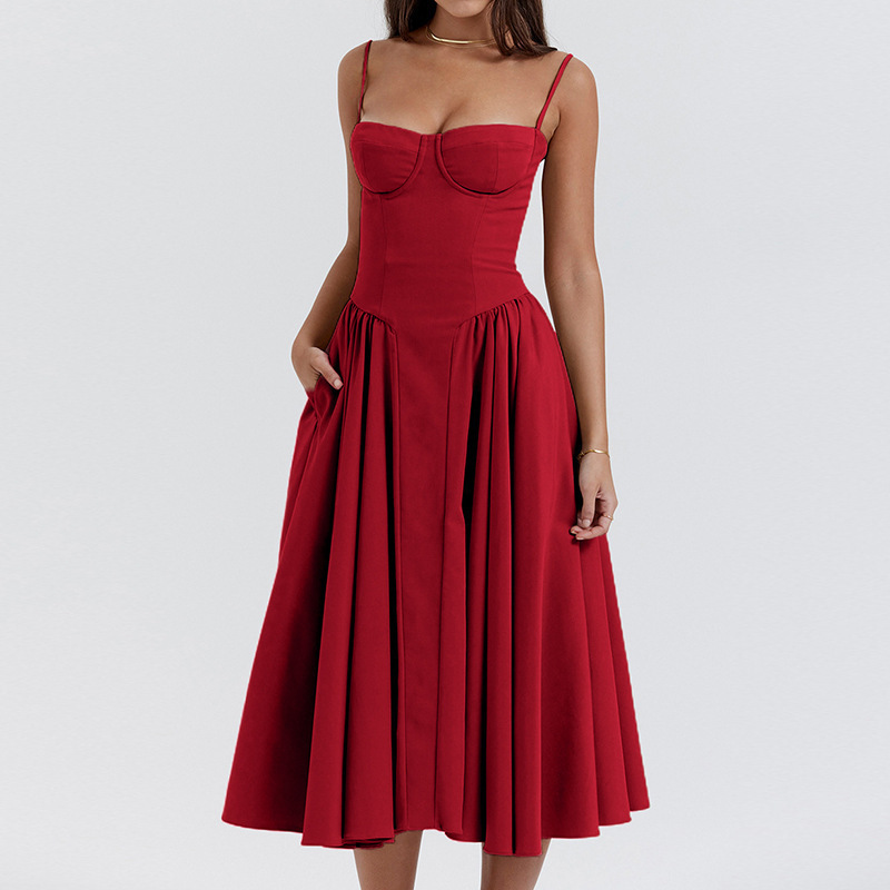 Amazon Summer European and American Popular Cross-Border Tube Top Dress New Waist Fashion Sexy Red Suspender Skirt for Women