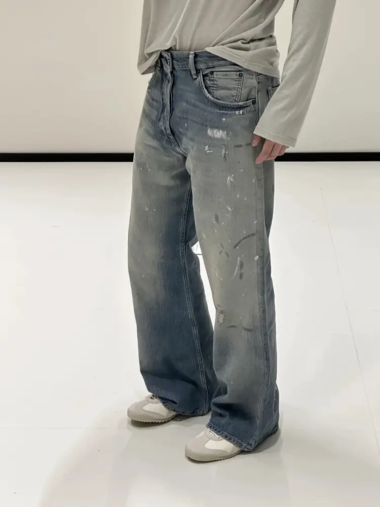 (Ceiling) Splatter Ink Oil Stain Graffiti Denim Dirty Dyeing and Distressing Wash Loose Straight-leg Wide Leg pants