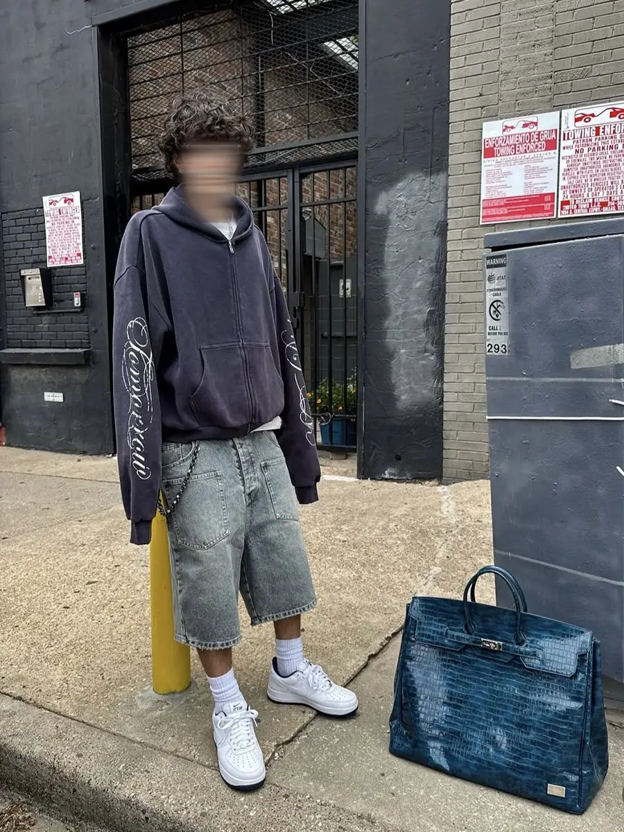 From the Street Comes from the Streetwear Brand French Worker, Featuring a Blue Waffle Knit, Washed and Distressed Print Cardigan Hoodie