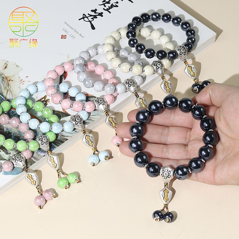 Fragrant Gray Porcelain Bracelet for Women, Ancient Style Pearlescent Ceramic Buddha Beads, Temple Tourist Scenic Spot, Cultural Toy Jewelry Supply Wholesale