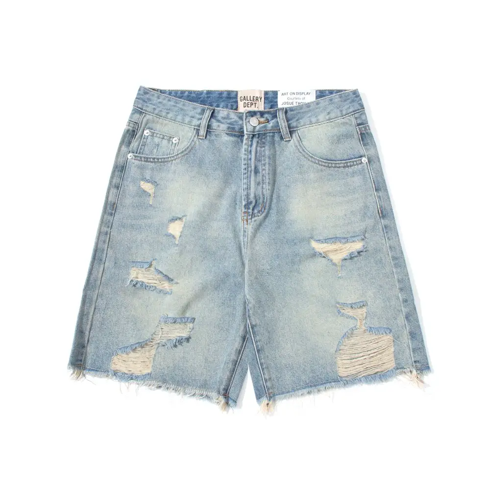 Gallery Dept American Retro Washed Distressed Ripped Denim Shorts for Men, Loose Straight-Leg Knee-Length Shorts, Trendy Brand