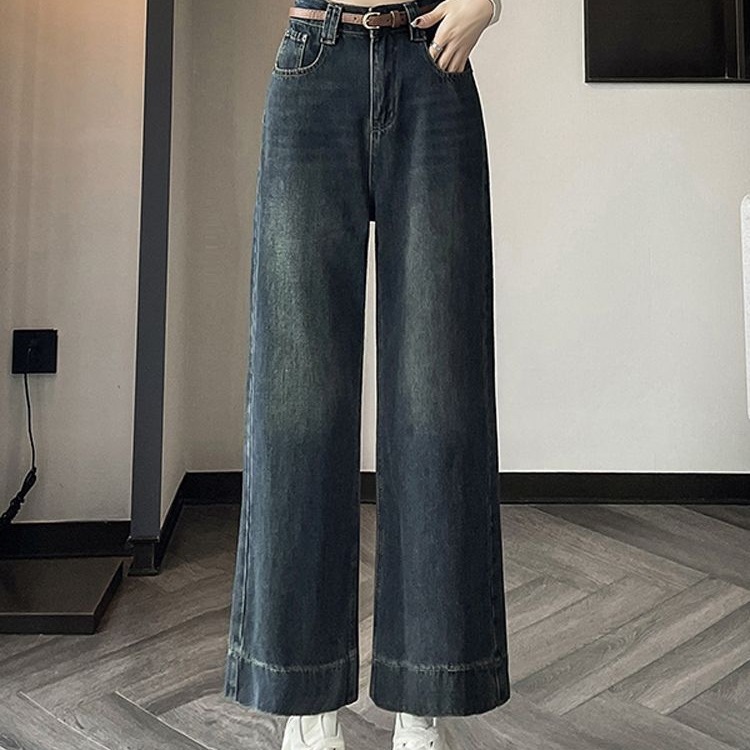 145 Fleece-Lined Petite Straight Wide-Leg Pants, Cropped for Autumn and Winter, and Full-Length for Summer, Thick Retro Jeans for Women