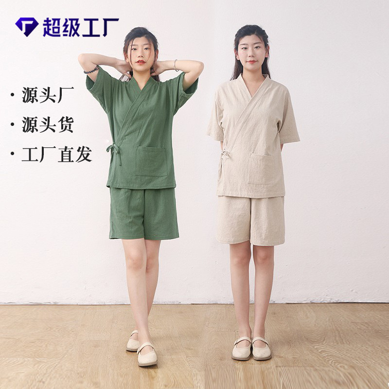 Lusu Cotton Linen Chinese-style Split Home Clothes Two-piece Set for Men and Women Couple Sweat Clothes Massage Clothes Absorbent