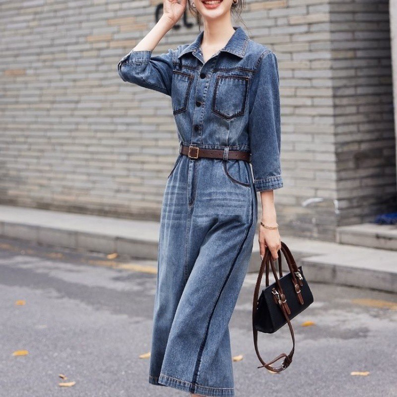 French Retro Fashion Design Denim Dress for Women, Summer Waist-Cinching Shirt Dress, Slimming Trendy Elegant Dress