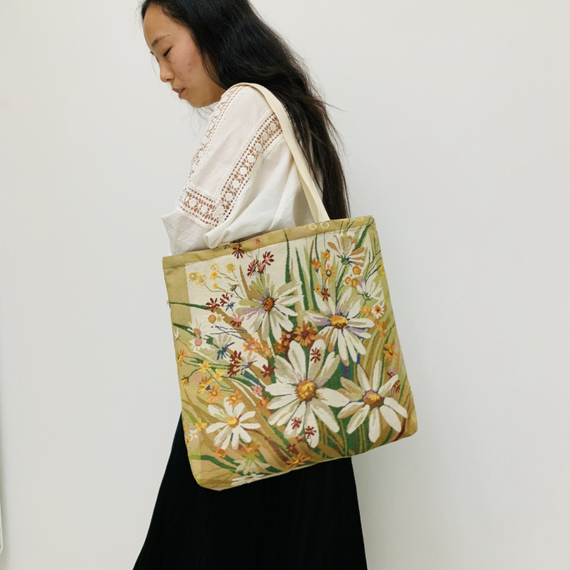 Large Capacity Retro Flower Embroidered Knitted Bag Shoulder Bag Student Commuter Portable National Style Bag Ethnic Style Fabric Bag