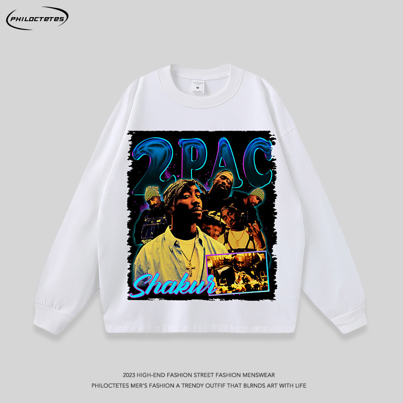 American fashion brand rap portrait print American hip hop retro high street wash casual long sleeve T-shirt base tee