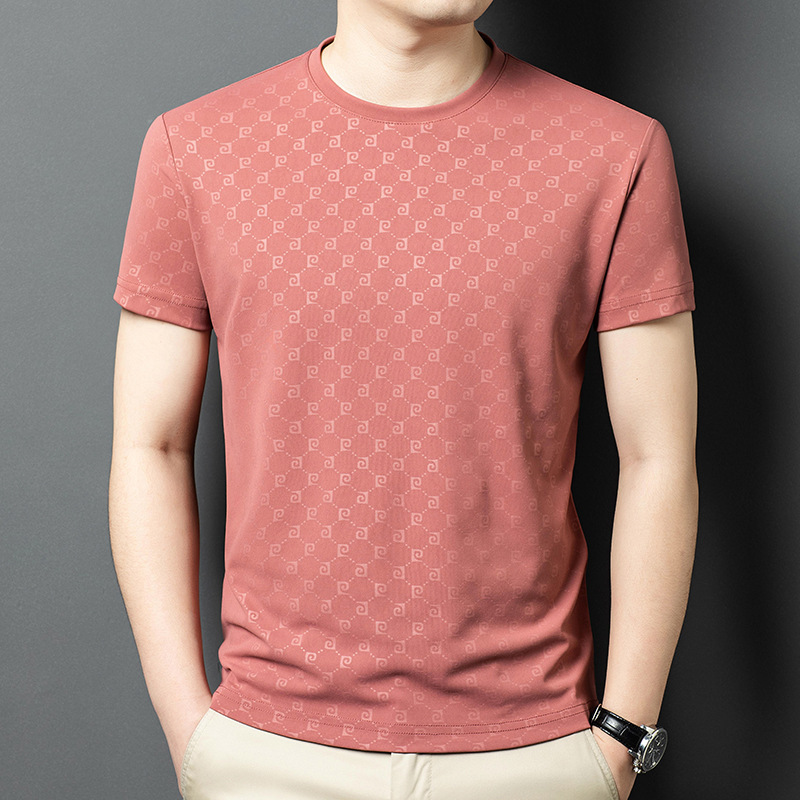 2025 New Summer Ice Silk Breathable Short-Sleeved T-Shirt Men's Loose Casual T-Shirt Jacquard Round Neck Half-Sleeved T-Shirt for Men