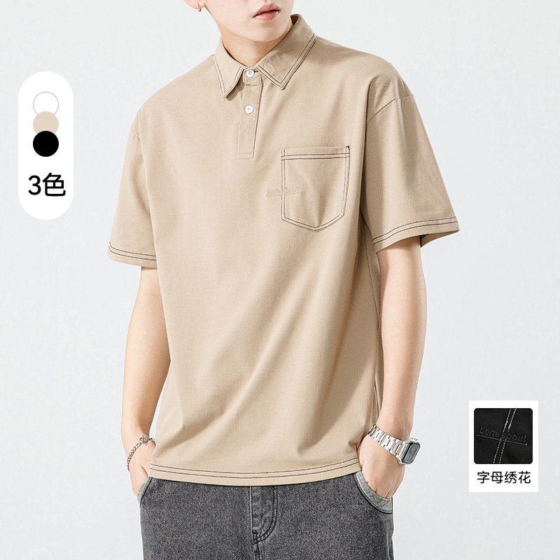 Pique Cotton Short-Sleeve Polo Shirt for Men 2025 Summer New Korean Version with Pocket and Visible Embroidery Men's Turn-Down Collar T-Shirt