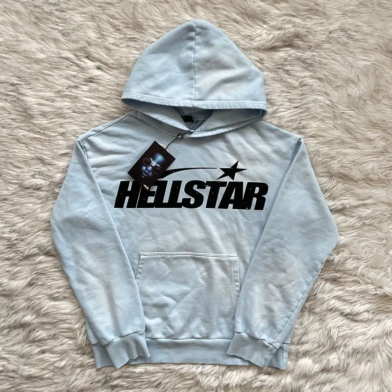 Hellstar Fire Sky Blue Hoodie Pants Sky Blue Washed Heavy Industry Sweatshirt