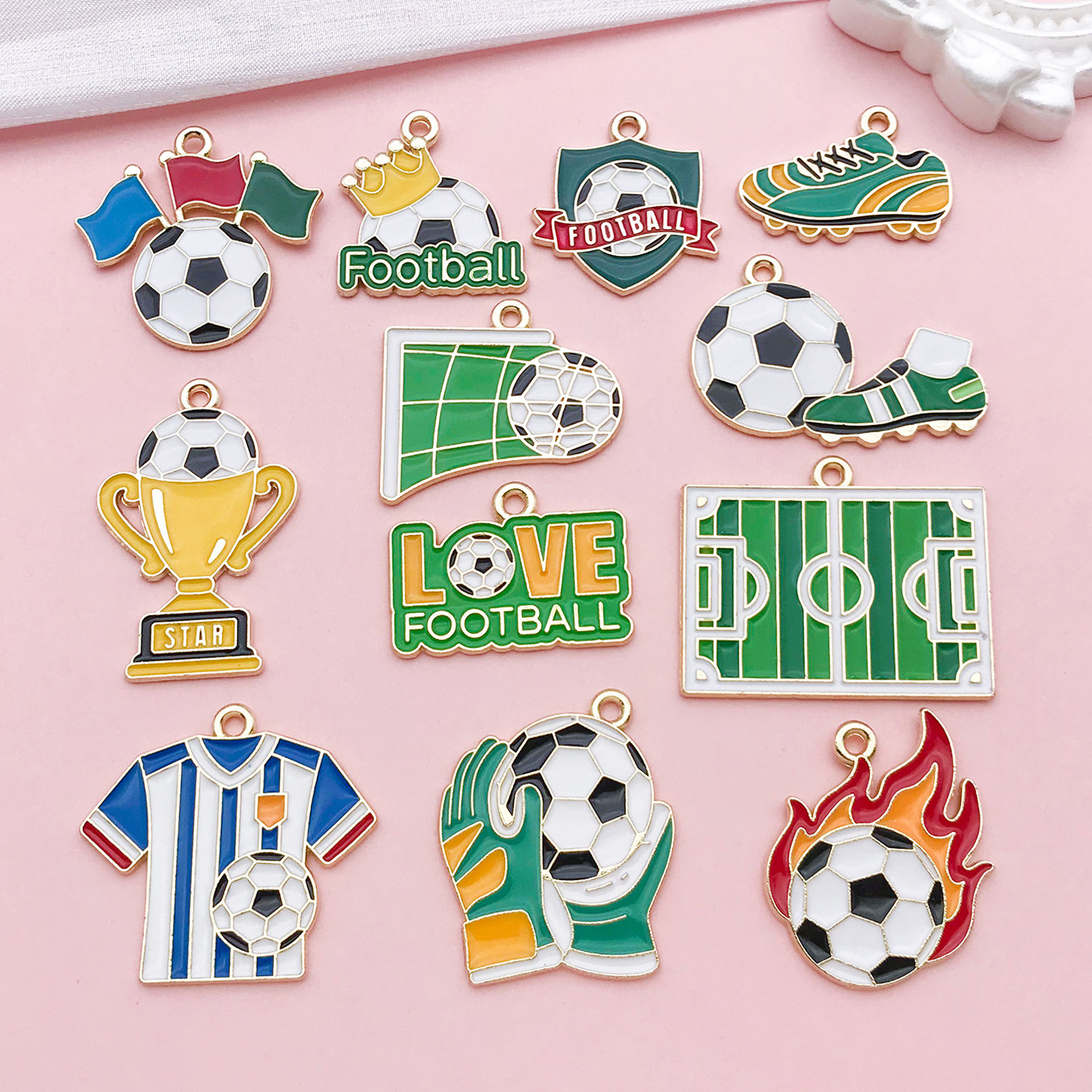 Mixed 12 Styles of Oil-Drip Green Football Sports Series Alloy Pendants DIY Accessories Materials Package Wholesale