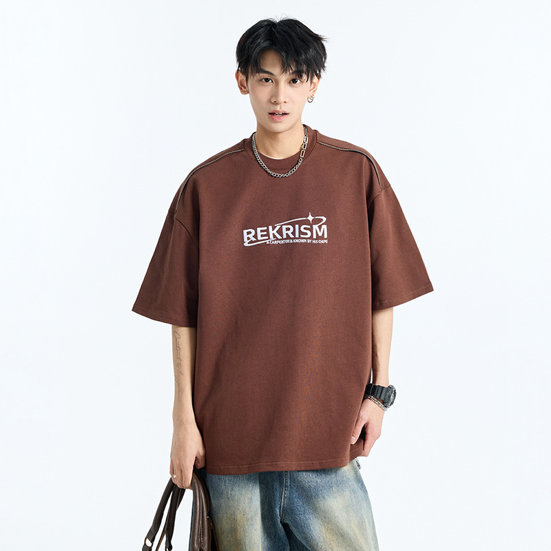 Heavyweight Cotton Short-Sleeve T-Shirt for Men, 2026 Summer American-Style Letter Print, Zipper Design, Loose Fit, Versatile Base Shirt