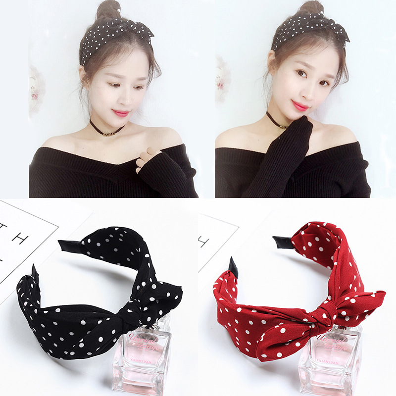 New South Korea Hair Accessories Headwear Bow Rabbit Ears Sweet Fabric Simple Wide-brimmed Wave Dot Headband Women's Headband