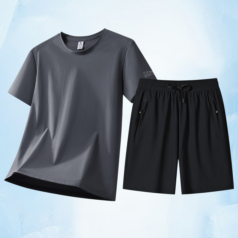 Summer New Style Ice Silk Breathable Sports Casual Short-Sleeved Suit Men's Large Size Short-Sleeved T-Shirt Shorts Two-Piece Set 8XL
