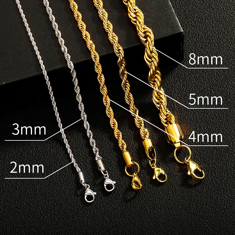 Hip-hop vegetarian chain 2-8mm thick encrypted stainless steel twist chain color retention plating twisted rope necklace necklace wholesale