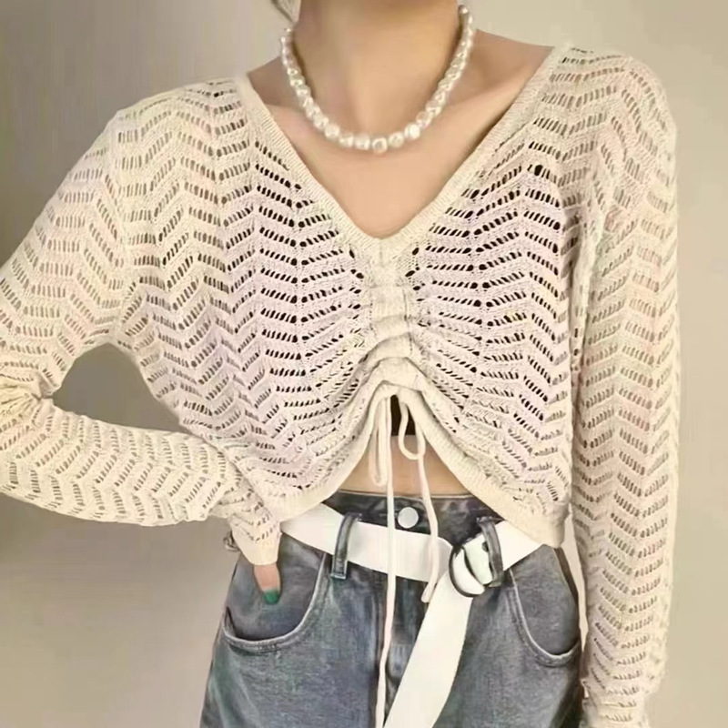 Korean-Style Hollow-Out Drawstring V-Neck Long-Sleeve Knit Top for Women, Summer 2026, Thin Cropped Loose Sun-Protective Short Top