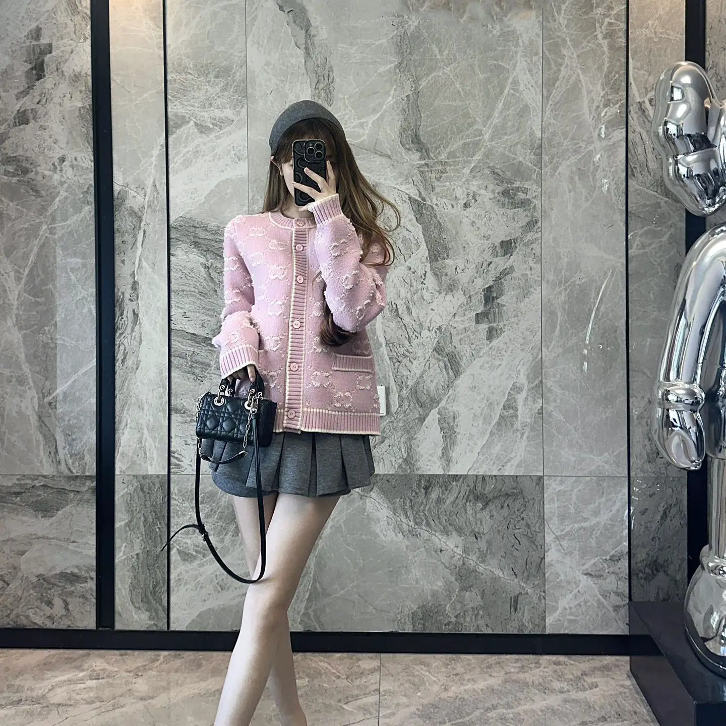 European Station Classy Wool Sweater Outwear Women's Fall and winter Knotted Velvet letter Jacquard Sweater Outer Wear Loose Knitting Cardigan