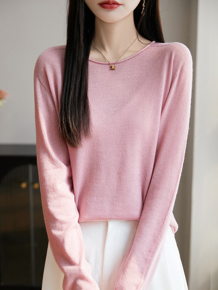 2026 Spring and Autumn New Fine Wool Curled Edge Round Neck Knitted Sweater Long Sleeve Women's Solid Color Pullover Base Shirt Top