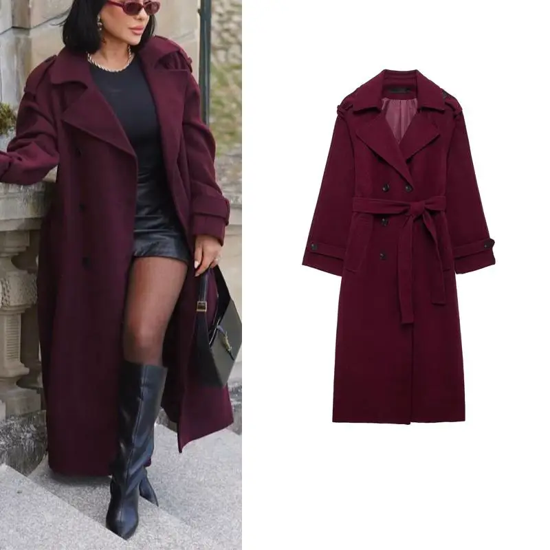 Autumn and Winter New Women's Classic British Style Woolen Coat with Belt, Double-Breasted, Mid-Length Woolen Overcoat
