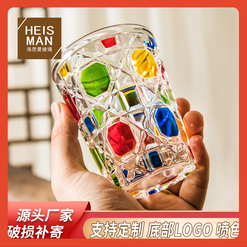 ✅ Colorful Checkered Whiskey Glass, High Aesthetic Value, Painted Liquor Glass, Household Glass Water Cup, Color-Blocking Beer Glass