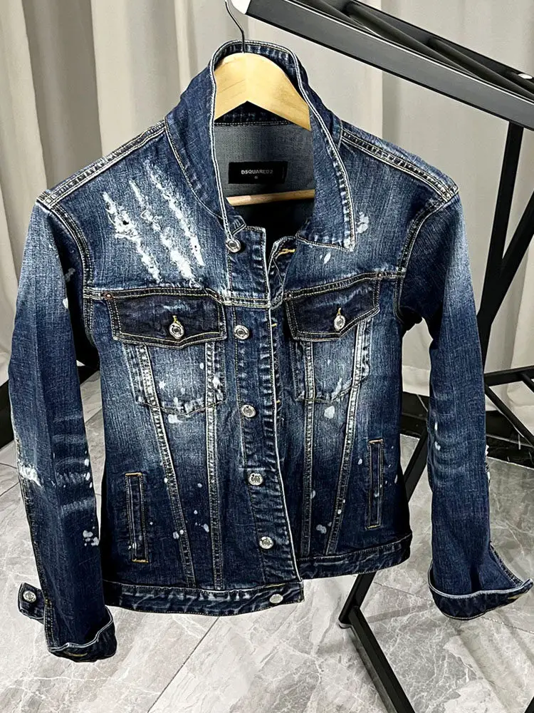 Real shot of D2 denim jacket men's dsquare jacket 25 spring and autumn new style elastic slim design designer