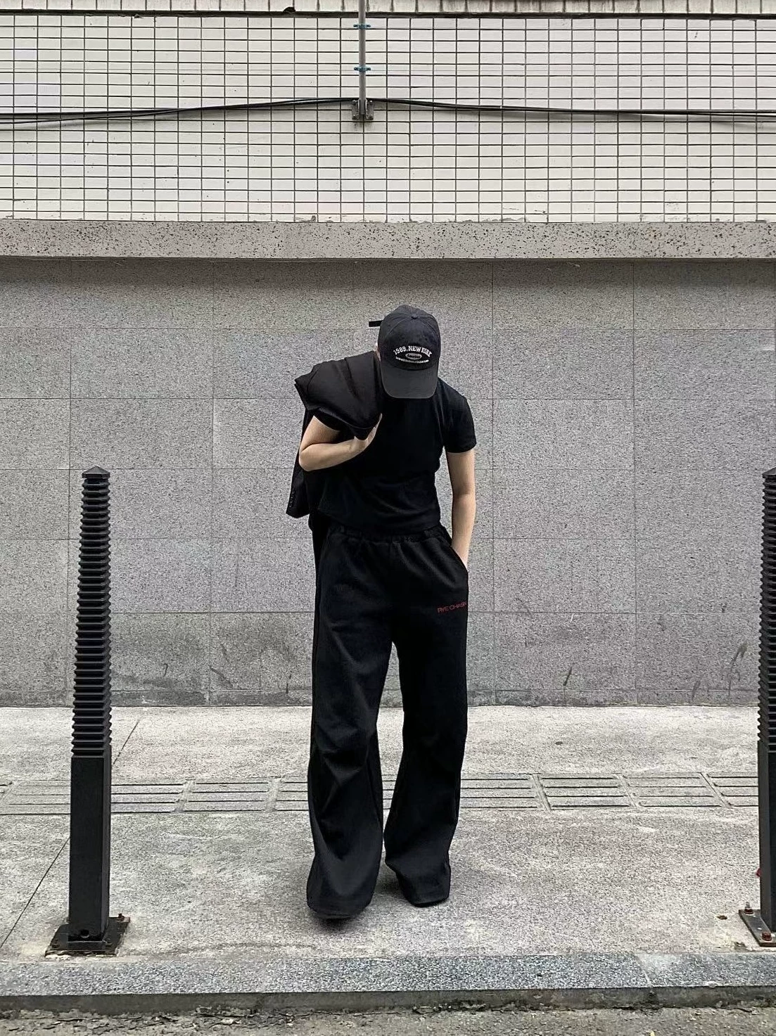 *Rye Chasin Black Loose Flared Pleated Stacked Texture 420g Pure Cotton Sweatpants Joggers